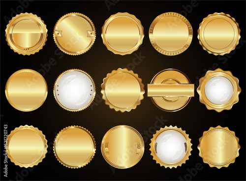 Collection of golden badges and emblems labels laurels and ribbons 
