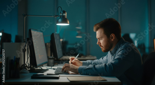 Focused developer working late at night in modern office interior for software design and innovation