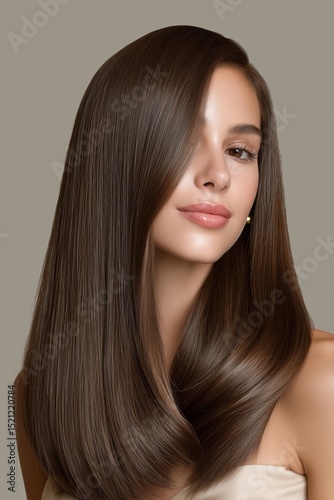 Brunette woman with straight shiny hair
