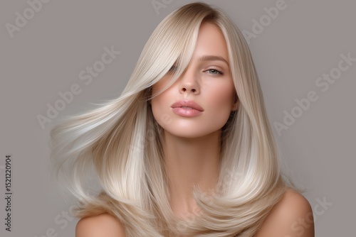 Blonde woman with straight flowing hair and medium length hairstyle