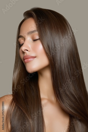 Brunette woman with straight shiny hair