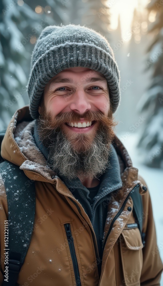 Fototapeta premium Happy Caucasian man in brown jacket hiking in snowy forest