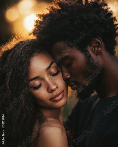 Interracial couple sharing a golden hour moment, sunset light illuminating half their faces, capturing genuine love and emotional connection in a warm, intimate portrait.