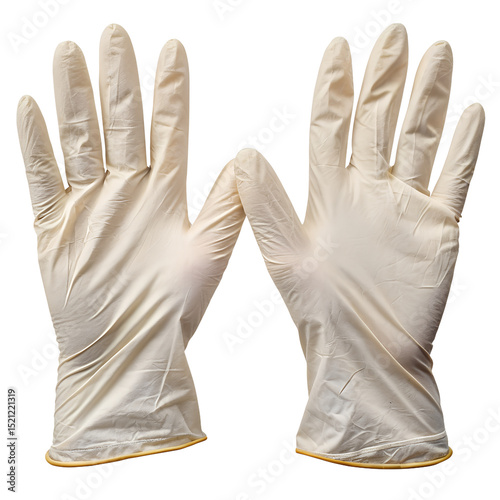 Protective Shield: Two medical gloves, pristine and ready for action, lay open against an isolated backdrop. Each glove suggests protection and hygiene. 