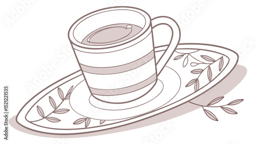 An illustration of a striped coffee cup with liquid on a saucer decorated with leaves and branches