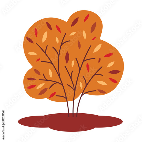 Autumn tree with yellowed leaves clip art illustration. Bush with yellow, red, and orange foliage. Colorful fall single tree, vector element