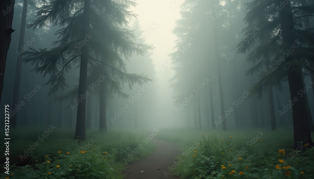 Obraz premium Misty forest path lined with trees and yellow flowers
