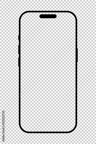 Smartphone black frame. Gadget simple symbol. Device front view template. Sign for website design, mobile app. Blank smart phone screen pattern. Mobile phone icon isolated on a checkered background.