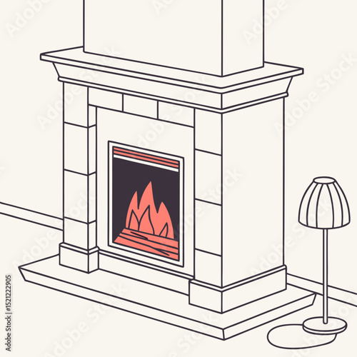 Simple fireplace with flames and modern lamp in minimalist style  