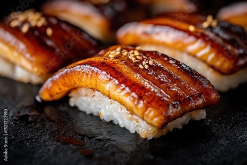 Extreme macro close-up of premium unagi eel sushi with a glossy sweet glaze on a dark textured slate, highlighting luxury Japanese cuisine with high-contrast professional styling.