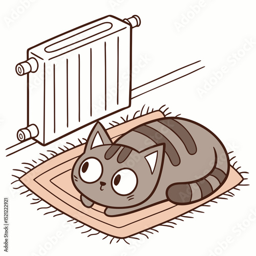 Cute cat lying on a rug near a radiator in a cozy setting  