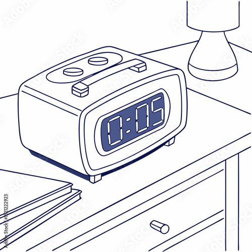 Digital alarm clock displaying five minutes on bedside table  