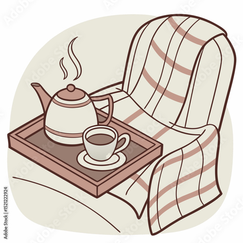 Tea set on tray with cup and cozy blanket on an armchair  
