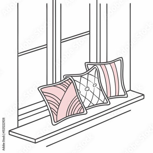 Three decorative cushions on a windowsill with geometric patterns  