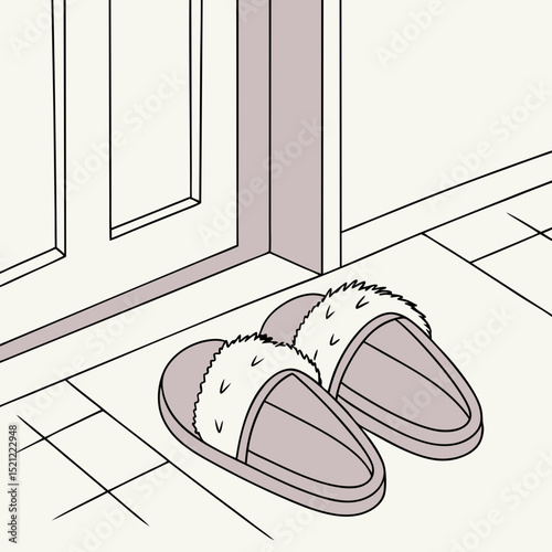Cozy slippers placed near the door on tiled floor  