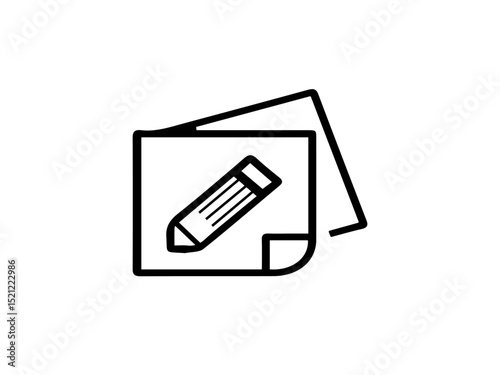 The image shows a black outline icon of a pencil on a sheet of paper, with another paper behind it.