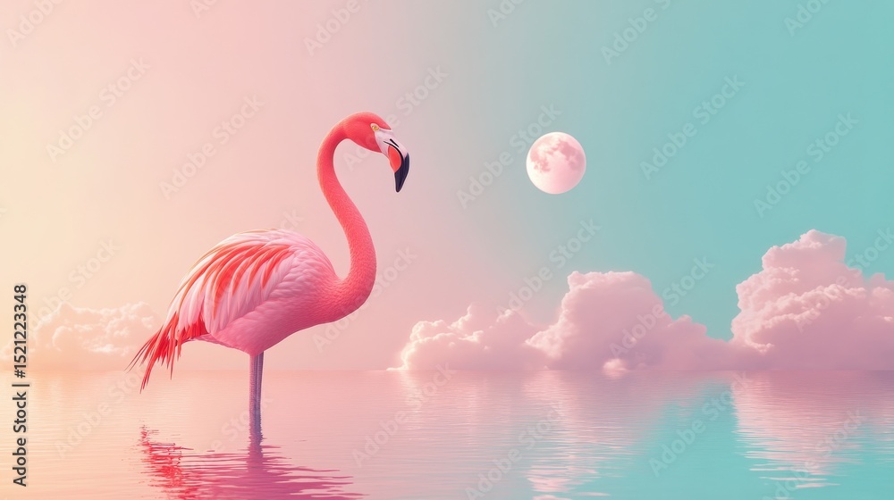 Fototapeta premium Flamingo standing in calm water at sunset with pastel sky