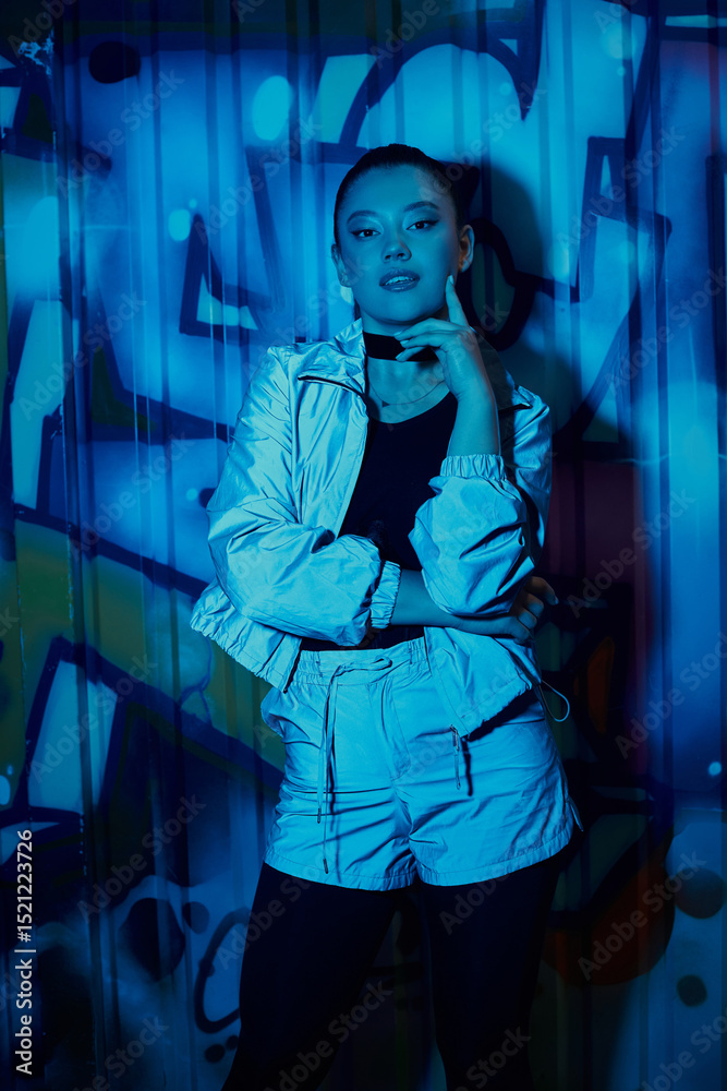 Obraz premium Stylish woman posing confidently against a vibrant urban graffiti backdrop at night