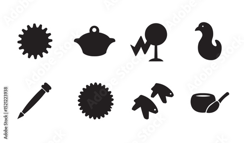 Collection of various black silhouette icons featuring a gear a casserole fish a duck pencil and a bowl with spoon