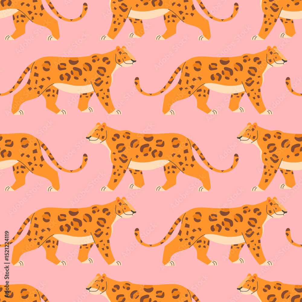 Leopard in flat style seamless pattern on light background