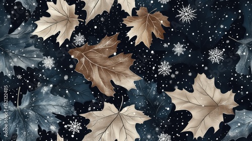 A seamless pattern of snowflakes falling gently onto wintry leaves, creating a cold and elegant winter scene