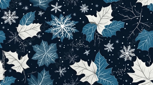 A seamless pattern featuring snowflakes and cold leaves, combining to form a cool, wintry design for the holiday season