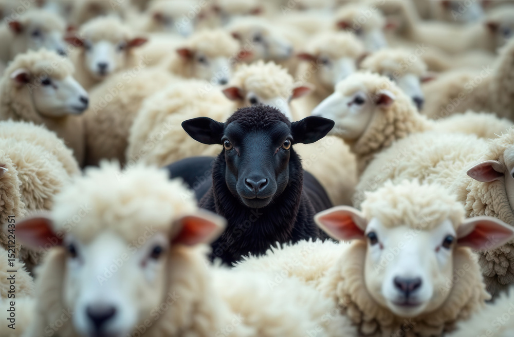 Obraz premium black sheep in a flock of white sheep, one among many, to freeze out
