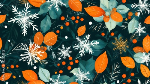 A seamless background featuring snowflake shapes mixed with leaves, creating a festive and elegant winter pattern