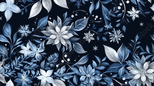 A seamless pattern featuring delicate snowflakes and swirling leaves, arranged to create a continuous winter-themed design