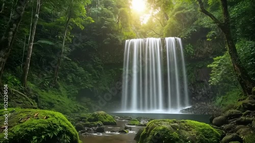 Serene waterfall cascading over rocks in a lush green forest under soft sunlight