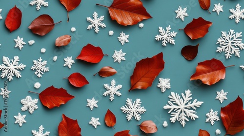 A seamless pattern of snowflakes falling softly over winter leaves, arranged in a repeating winter wonderland theme