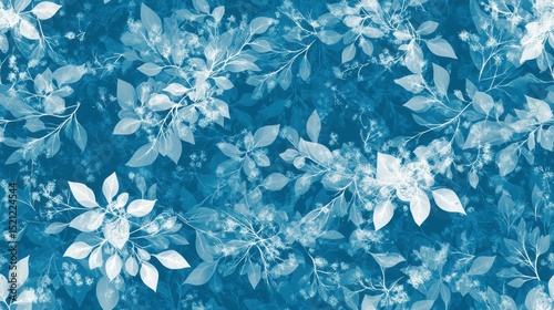 A seamless pattern of large and small snowflakes intertwined with frosted leaves, creating a continuous winter background