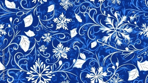 A repeating snowflake and winter leaf pattern, with swirling leaves and intricate snowflake shapes, arranged seamlessly