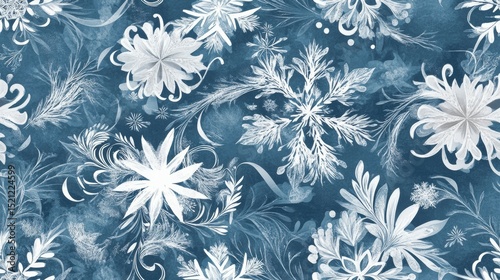 A seamless design featuring swirling snowflakes and frosty leaves, creating a repeating pattern with a winter feel