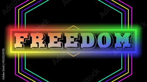 Pop up text and rainbow-colored FREEDOM banner on a background of colorful flashing Hexagonal line