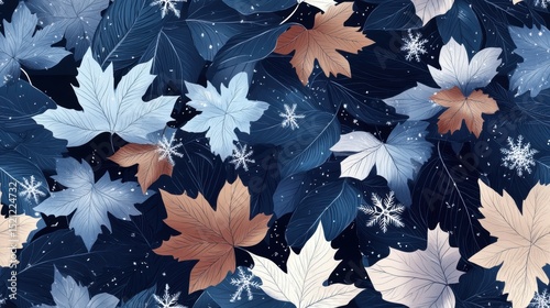 A repeating pattern of snowflakes drifting among winter leaves, forming a seamless background for holiday themes
