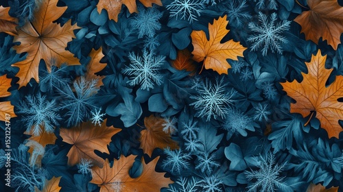 A repeating pattern of snowflakes drifting among winter leaves, forming a seamless background for holiday themes