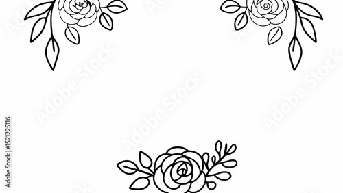 Floral frame with roses and leaves in the corners and bottom center in black and white outline style created with generated ai