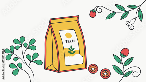 Illustration of a seed packet with plant design surrounded by floral elements and tomatoes created with generated ai