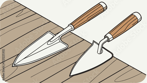 Two gardening trowels with wooden handles resting on a wooden surface in a simple illustration created with generated ai