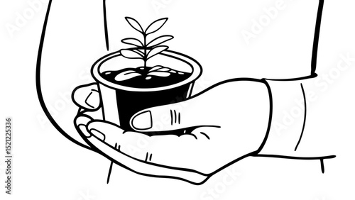 Hand holding a small potted plant with leaves in a black and white line drawing illustration style created with generated ai