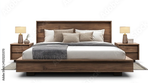 A low platform bed with a rich brown wood frame, plush white bedding, several neutral-toned pillows, matching nightstands with lamps, and a small rug sits centered against a white background