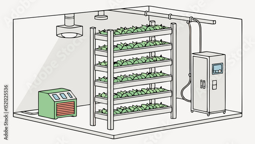 Indoor vertical farm with multiple shelves of plants and climate control equipment in a room setting created with generated ai