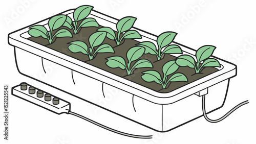 Seedling tray with several young plants growing in soil, along with a power strip and electrical cord created with generated ai