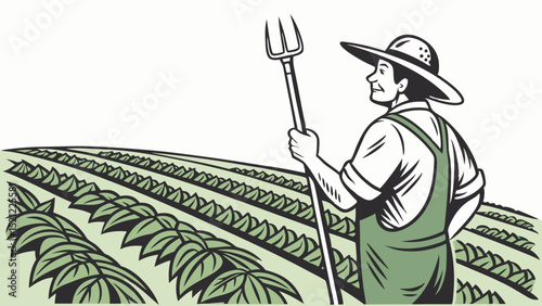 Farmer with pitchfork standing in a field with rows of crops under a bright sky in the countryside created with generated ai