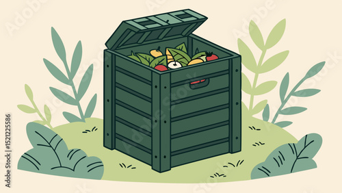 Illustration of a green compost bin with organic waste and plants around on a light background created with generated ai