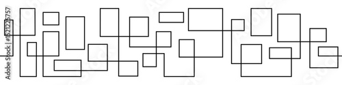 Seamless border of intersecting rectangles and straight lines. Complex geometric vector ornament. A long, complex, monochrome labyrinth. Path of life with random turns