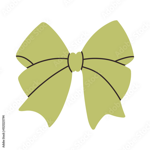 Simple green bow isolated on white background. Flat vector illustration of cute bow for postcard, scrapbooking, poster design, sticker.