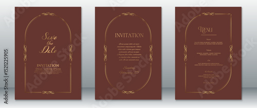 Vintage-inspired wedding invitation set with gold ornamental curved frames on a rich brown background. Perfect for classic weddings, elegant ceremonies, and formal events.