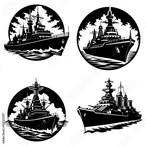 Four black and white illustrations of battleships in circular and semi circular frames on the water